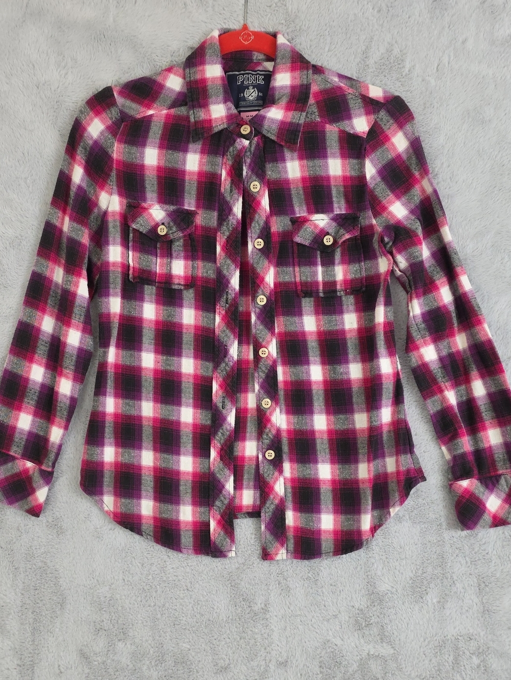 PINK Victoria's Secret Plaid Flannel Button Up Shirt Pink Purple White Gray Wome